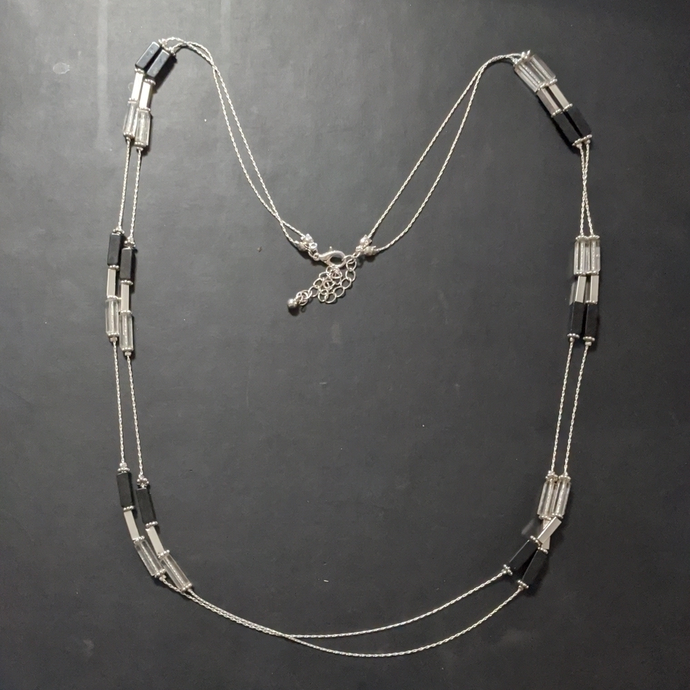 Silver Tone Black and Clear Rectangular Tube Bead Statement Necklace